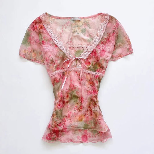 Damen florales Chiffon-Oberteil mit Spitzenakzenten R&B