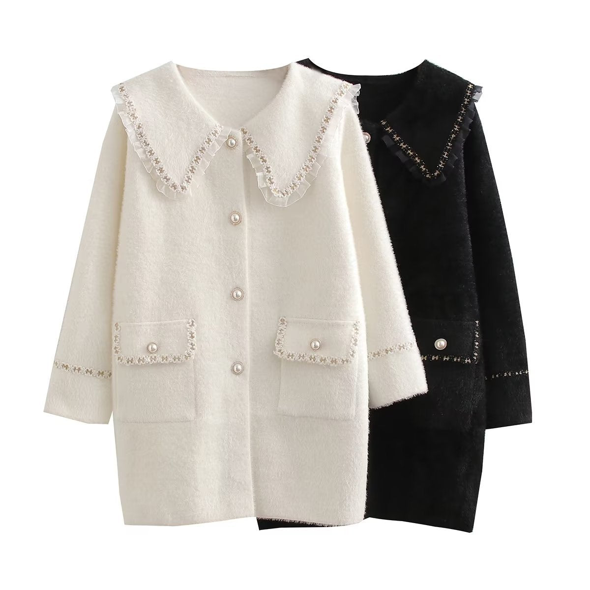 Damen Langarmjacke mit dekorativem Kragen und funktionalen Taschen R&B