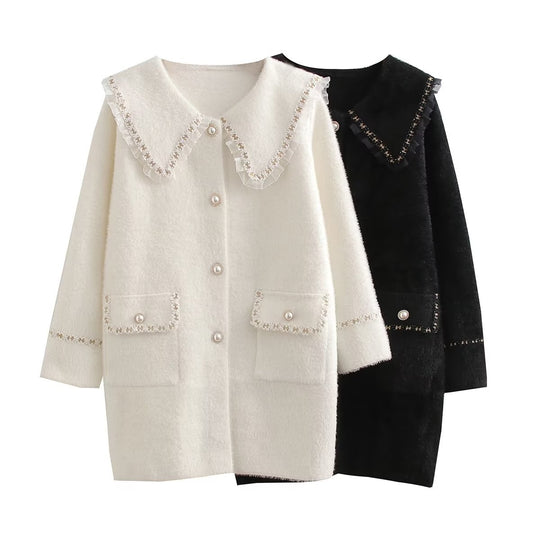 Damen Langarmjacke mit dekorativem Kragen und funktionalen Taschen R&B