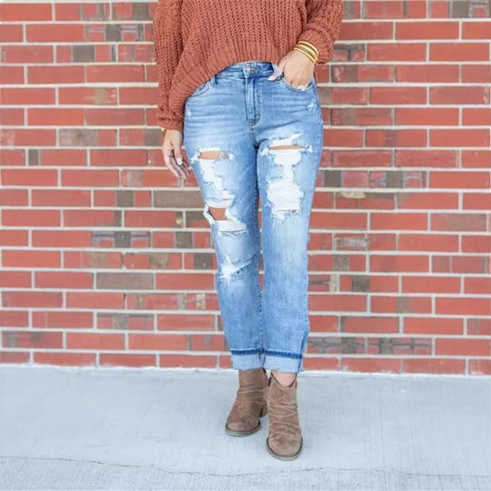 Damen Vintage Destroyed Jeans im entspannten Schnitt mit hohem Bund R&B