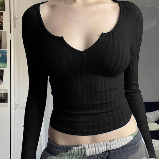 Damen figurbetontes Langarmshirt mit V-Ausschnitt und Rippstruktur R&B