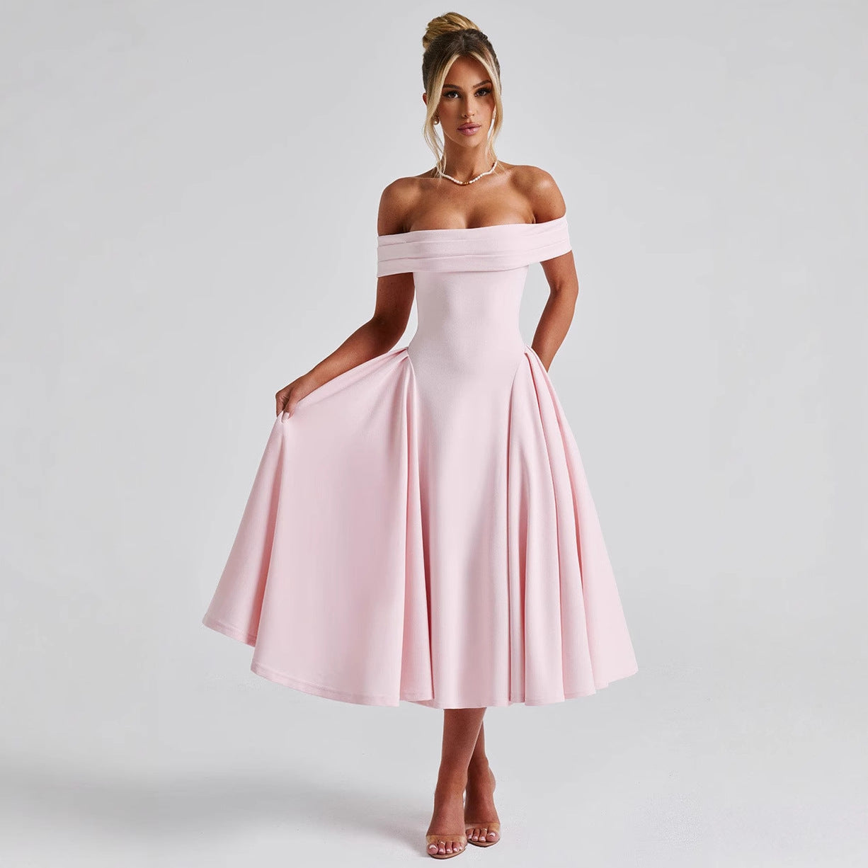 Damen Elegantes Abendkleid mit Schulterfreiem Design und Voluminösem Rock R&B