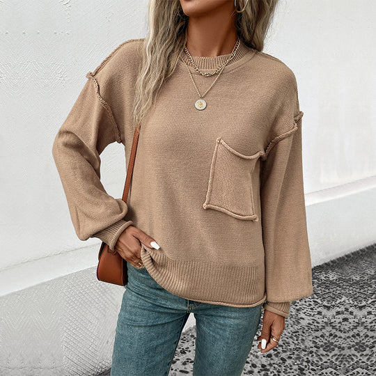 Damen lässiger Strickpullover mit aufgesetzter Tasche R&B