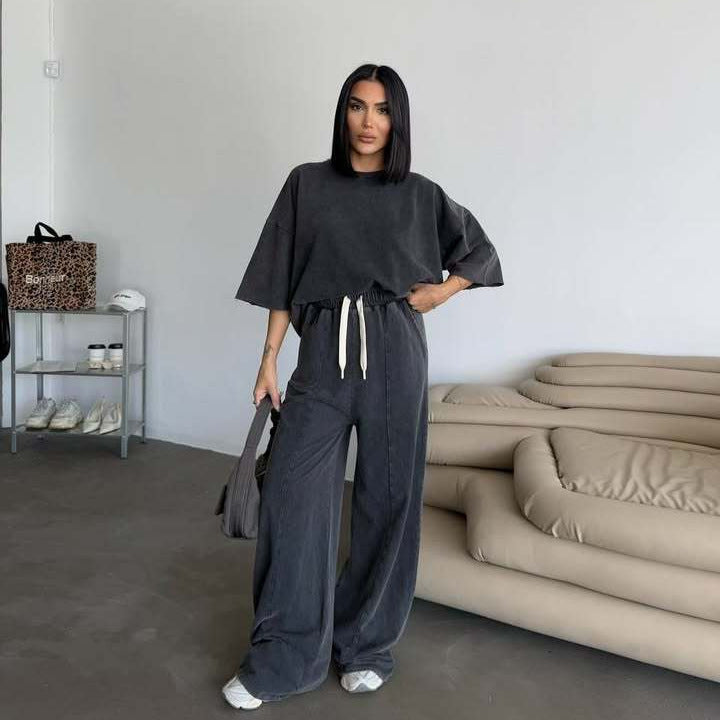 Damen lässiges Baumwoll-Set mit weitem Schnitt und elastischem Bund R&B