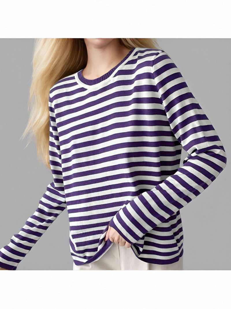 Damen gestreifter Langarmpullover mit Rundhalsausschnitt und lässigem Schnitt R&B