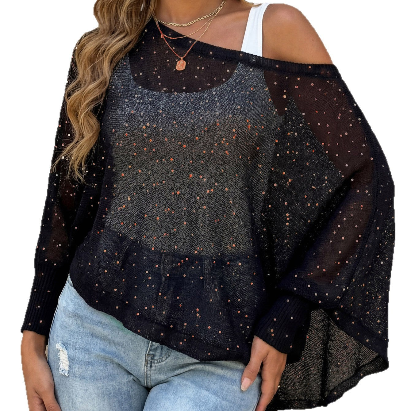 Damen luftiger Strandpullover mit funkelndem Glitzer R&B