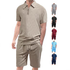 Herren nan komfortables Kurzarm-Halbzip-Set mit Polokragen und elastischer Kordelhose aus Strukturstrick R&B