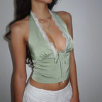Damen Halter-Crop-Top mit feinen Spitzendetails R&B