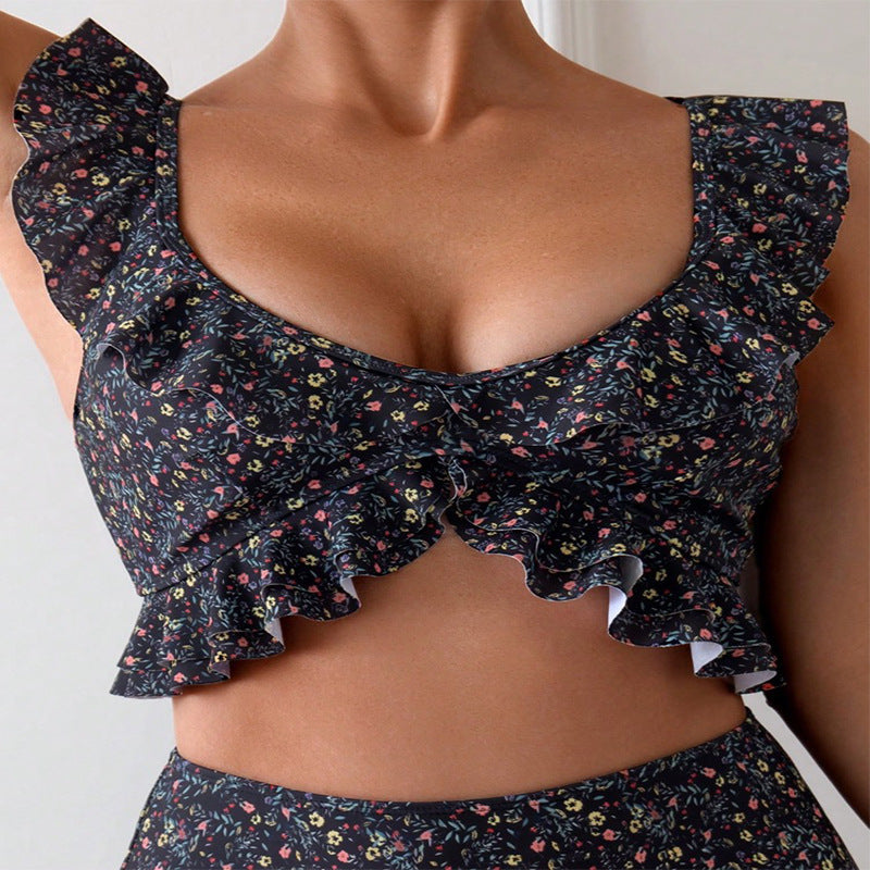 Damen Hochgeschnittener Bikini mit floralem Rüschendesign R&B