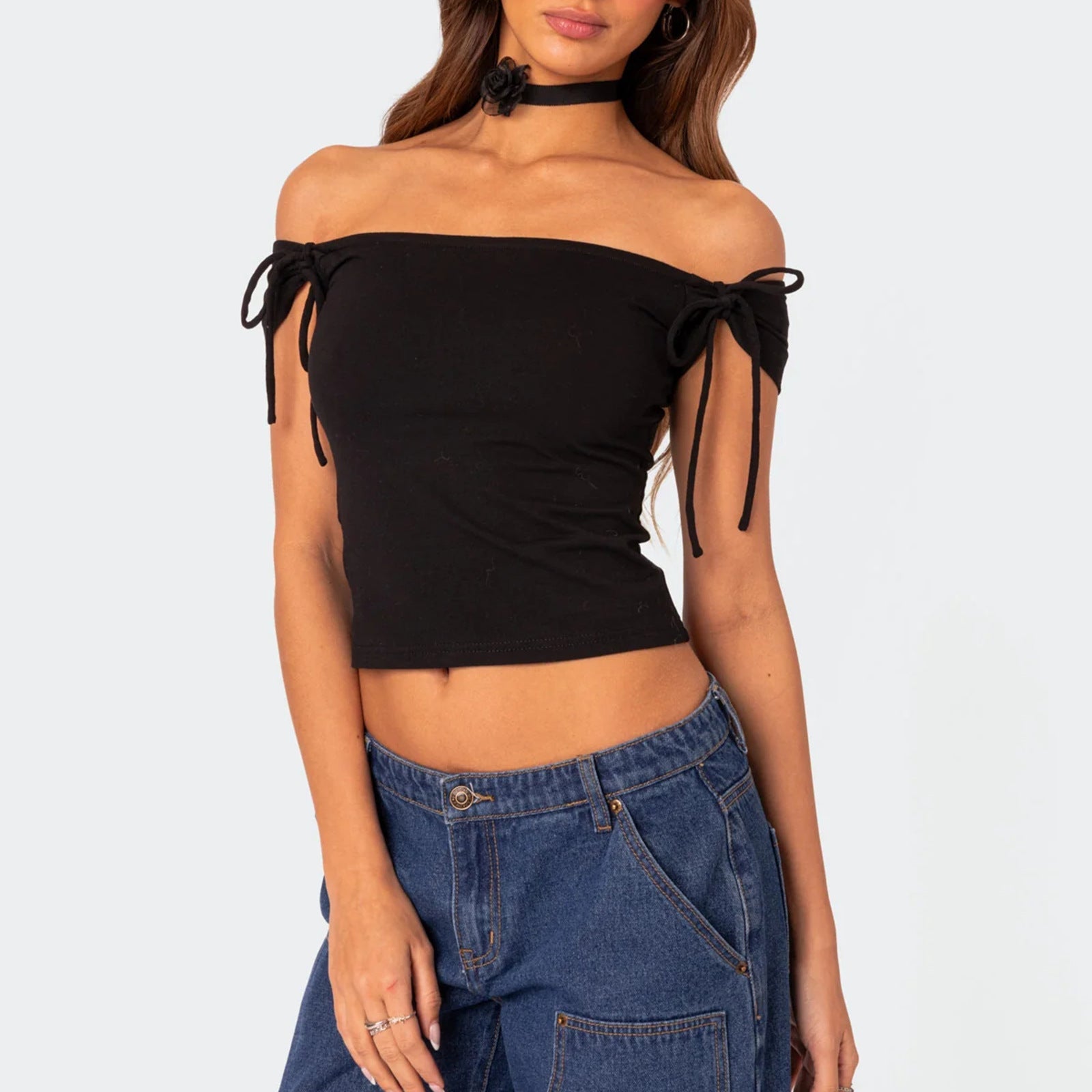 Damen raffiniertes Off-Shoulder T-Shirt mit eleganten BindR&Bändern R&B
