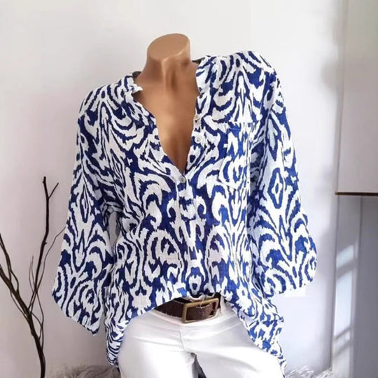 Damen nan locker geschnittene Tunika-Bluse mit Ikat‑Muster, V‑Ausschnitt und Dreiviertelärmeln R&B