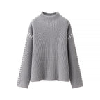 Damen nan Grobstrick-Oversize-Pullover mit hoher Rollkragenkante und Zierstich-Ärmeln R&B