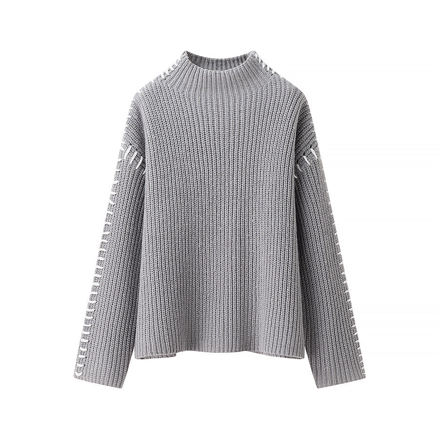 Damen nan Grobstrick-Oversize-Pullover mit hoher Rollkragenkante und Zierstich-Ärmeln R&B