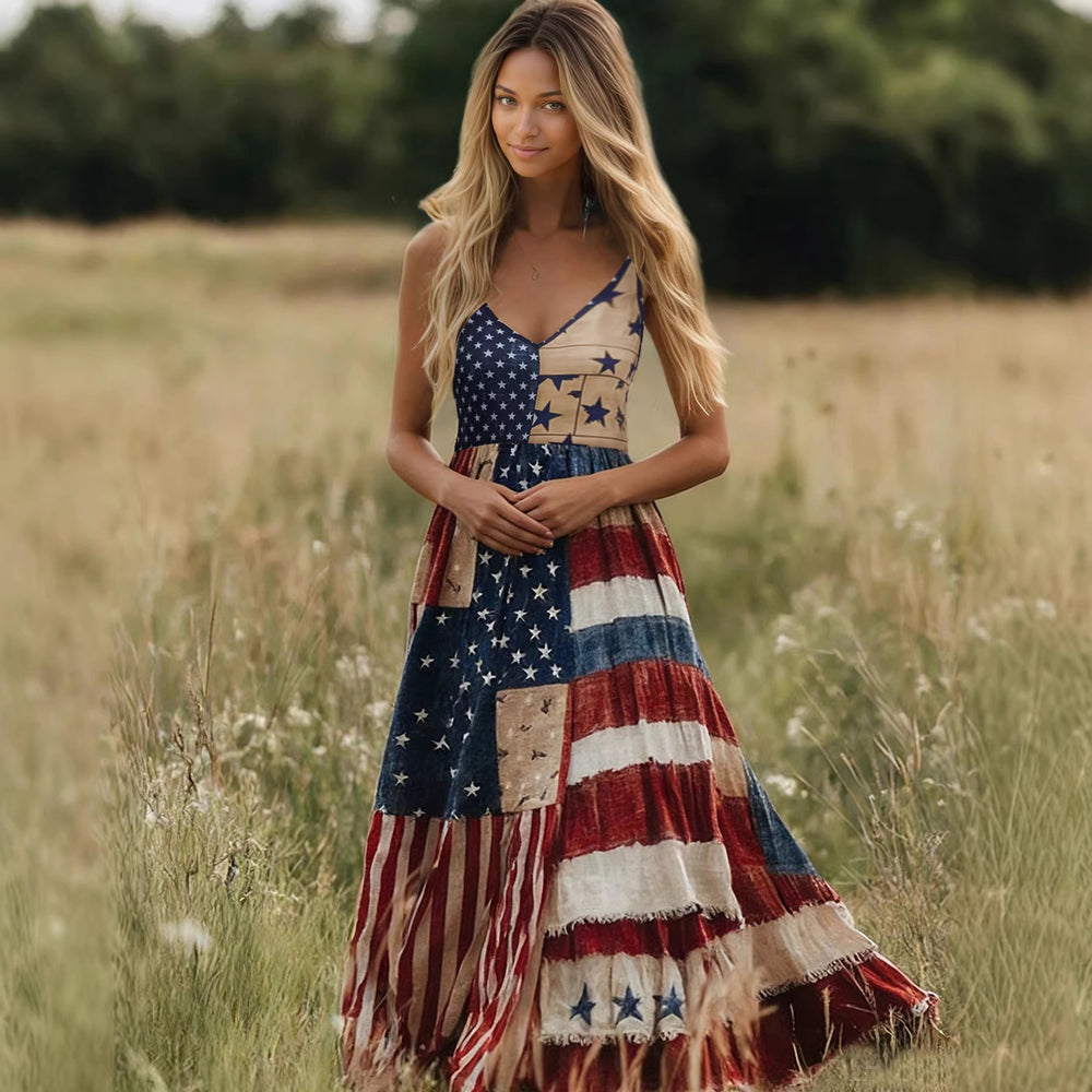 Damen Lange Sommerkleid mit buntem Patchwork-Design und V-Ausschnitt R&B