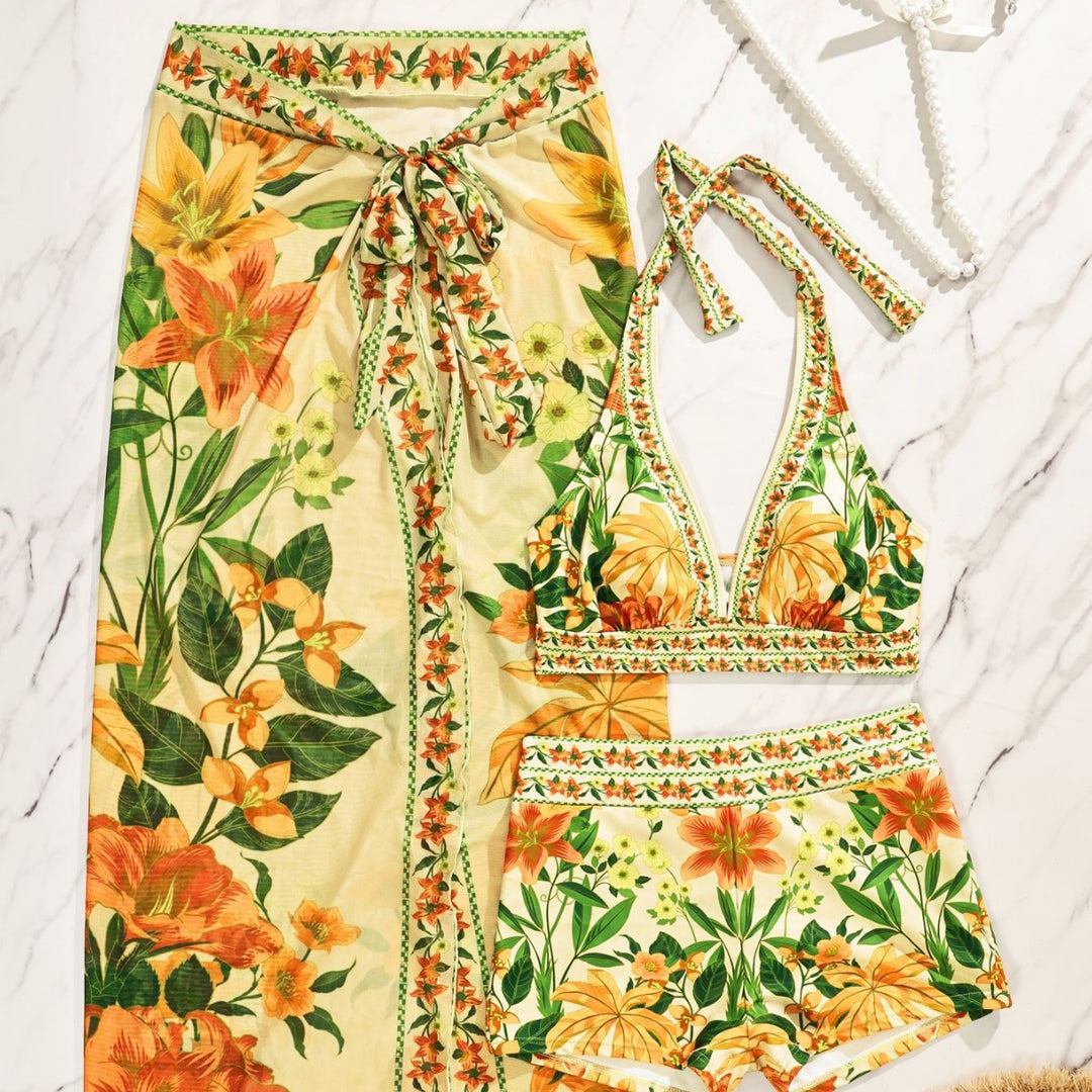 Damen Bikiniset mit floralem langen Überwurf R&B
