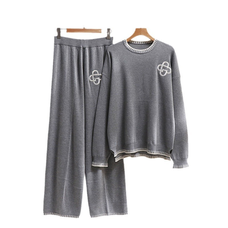 Damen lässiges Strick-Loungewear-Set mit dekorativen Kontrastdetails R&B