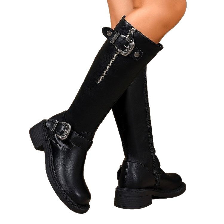 Damen Lange Stiefel mit modischem Gürtel und robustem Profil R&B