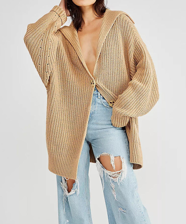 Damen Grobstrickjacke mit Kapuze und großen Taschen R&B