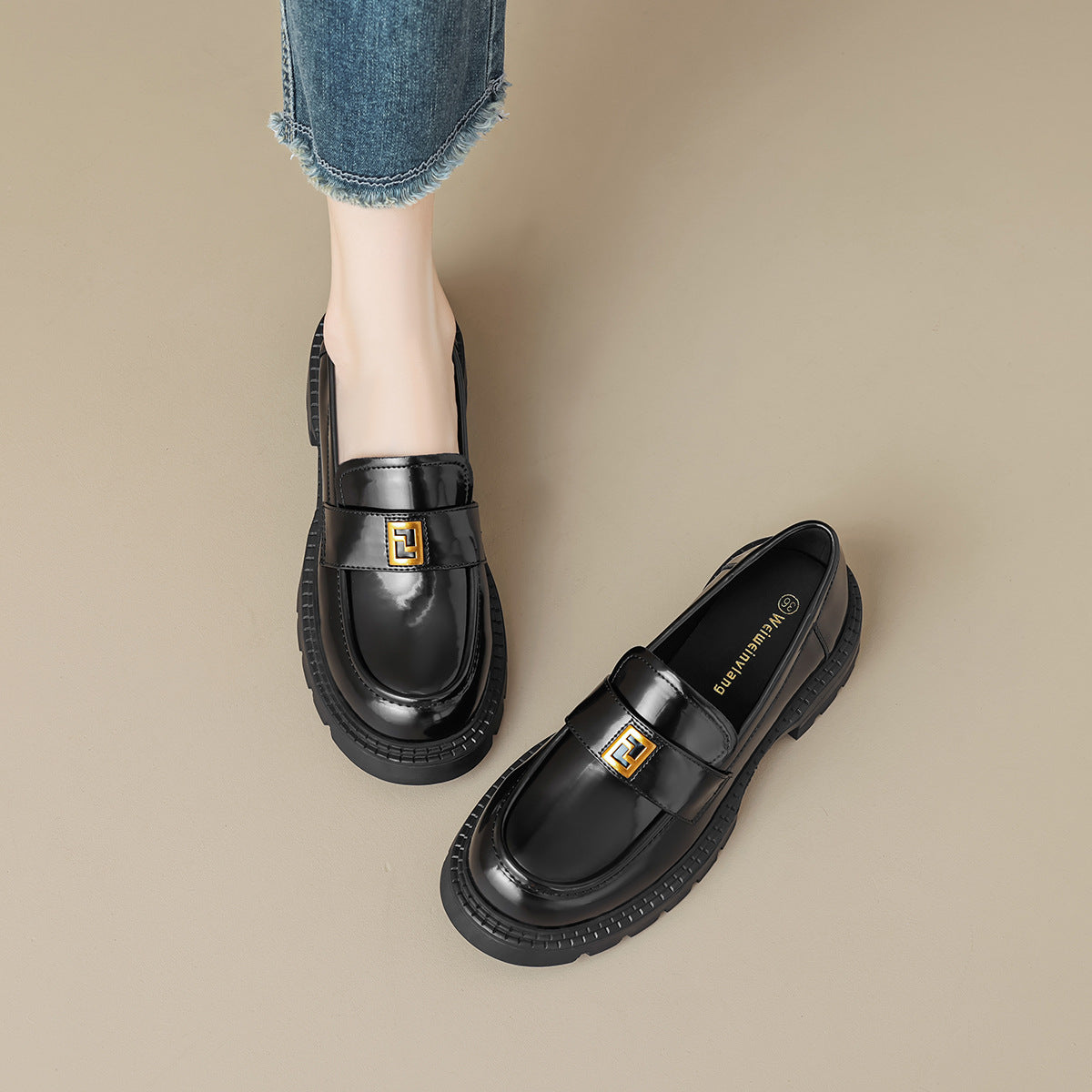 Damen elegante Mokassin-Slipper mit modischem Riemen und stabiler Gummisohle