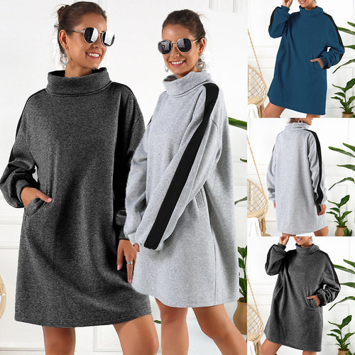 Damen lässiges Sweatshirtkleid mit hochgeschlossenem Kragen und seitlichen Einsätzen R&B