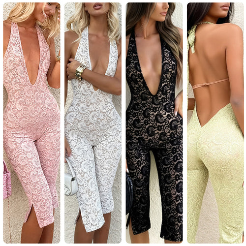 Damen Jumpsuit aus filigraner Spitze mit tiefem Ausschnitt und seitlichen Schlitzen R&B