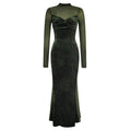 Damen Elegantes Samt-Maxi-Kleid mit transparenten Ärmeln und schickem V-Ausschnitt R&B
