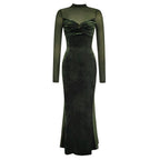 Damen Elegantes Samt-Maxi-Kleid mit transparenten Ärmeln und schickem V-Ausschnitt R&B