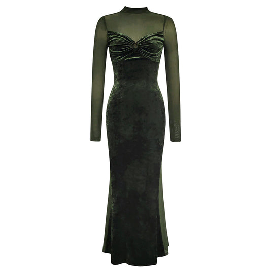 Damen Elegantes Samt-Maxi-Kleid mit transparenten Ärmeln und schickem V-Ausschnitt R&B
