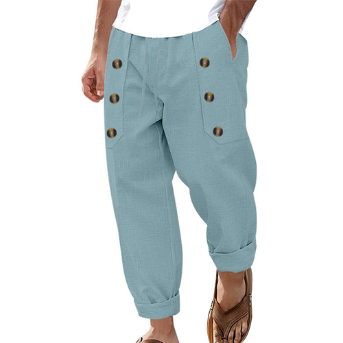 Herren nan lockere Leinenhose mit Zierknopf-Lisenen, gekrempeltem Knöchelabschluss und Eingrifftaschen R&B