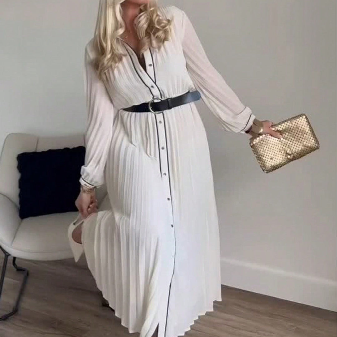 Damen elegantes plissiertes Maxikleid mit feinem Kragen und Gürtel R&B