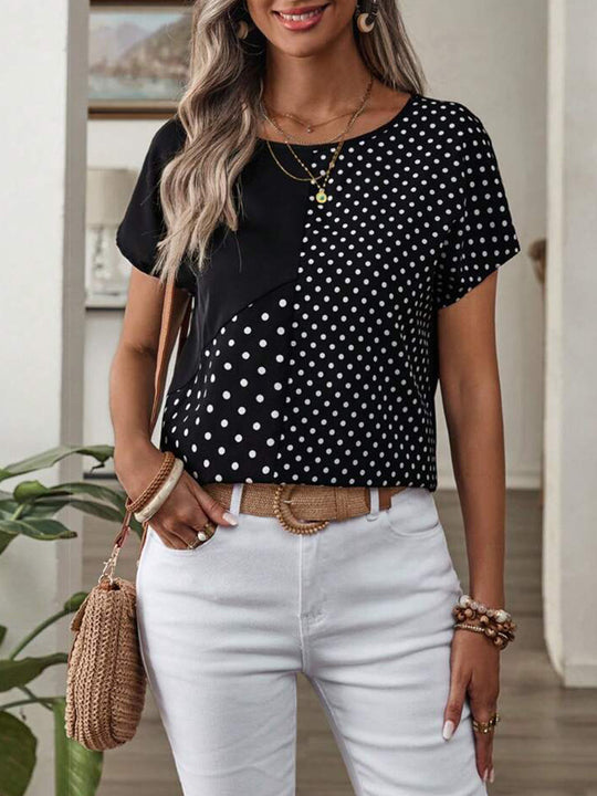 Damen Polka-Dots T-Shirt mit abgesetzten Schemata und modernem Schnitt Heidi-Mode