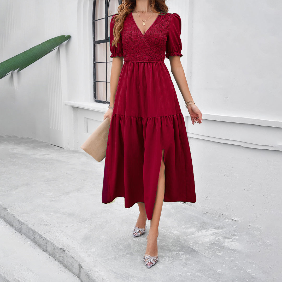 Damen Maxikleid mit hohem Schlitz und Puffärmeln R&B
