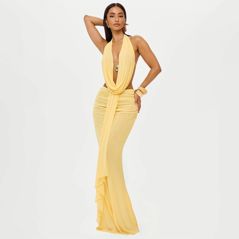 Damen Elegantes und raffiniertes Maxikleid mit tiefem Ausschnitt und Drapierung R&B