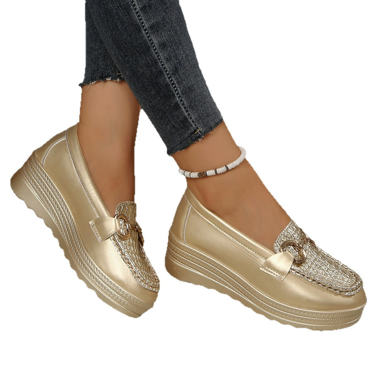 Damen Wedge Mokassins mit glänzendem Obermaterial und dekorativem Kettenakzent R&B