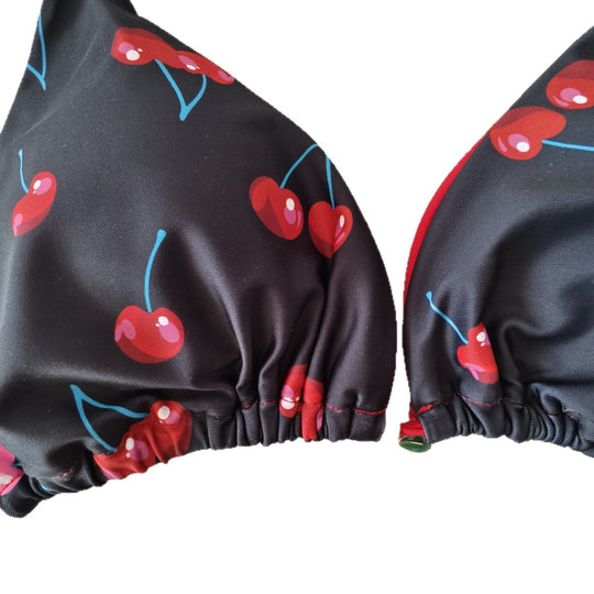 Damen Triangel-Bikini mit verspieltem Kirschenmuster und elastischen Bindebändern R&B