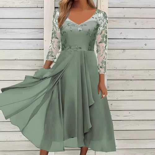 Damen nan elegantes Midikleid mit besticktem Tülloberteil, transparenten Dreiviertelärmeln und mehrlagigem Drapé-Rock R&B