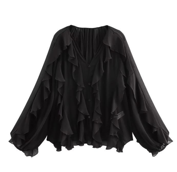 Damen Rüschenbluse mit weitem Schnitt und ballonartigen Ärmeln R&B