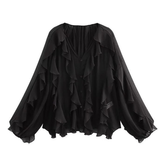 Damen Rüschenbluse mit weitem Schnitt und ballonartigen Ärmeln R&B