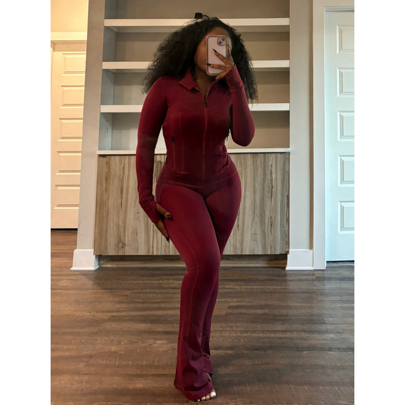 Damen figurbetonender Jumpsuit mit Hochkragen und durchgehendem Reißverschluss R&B