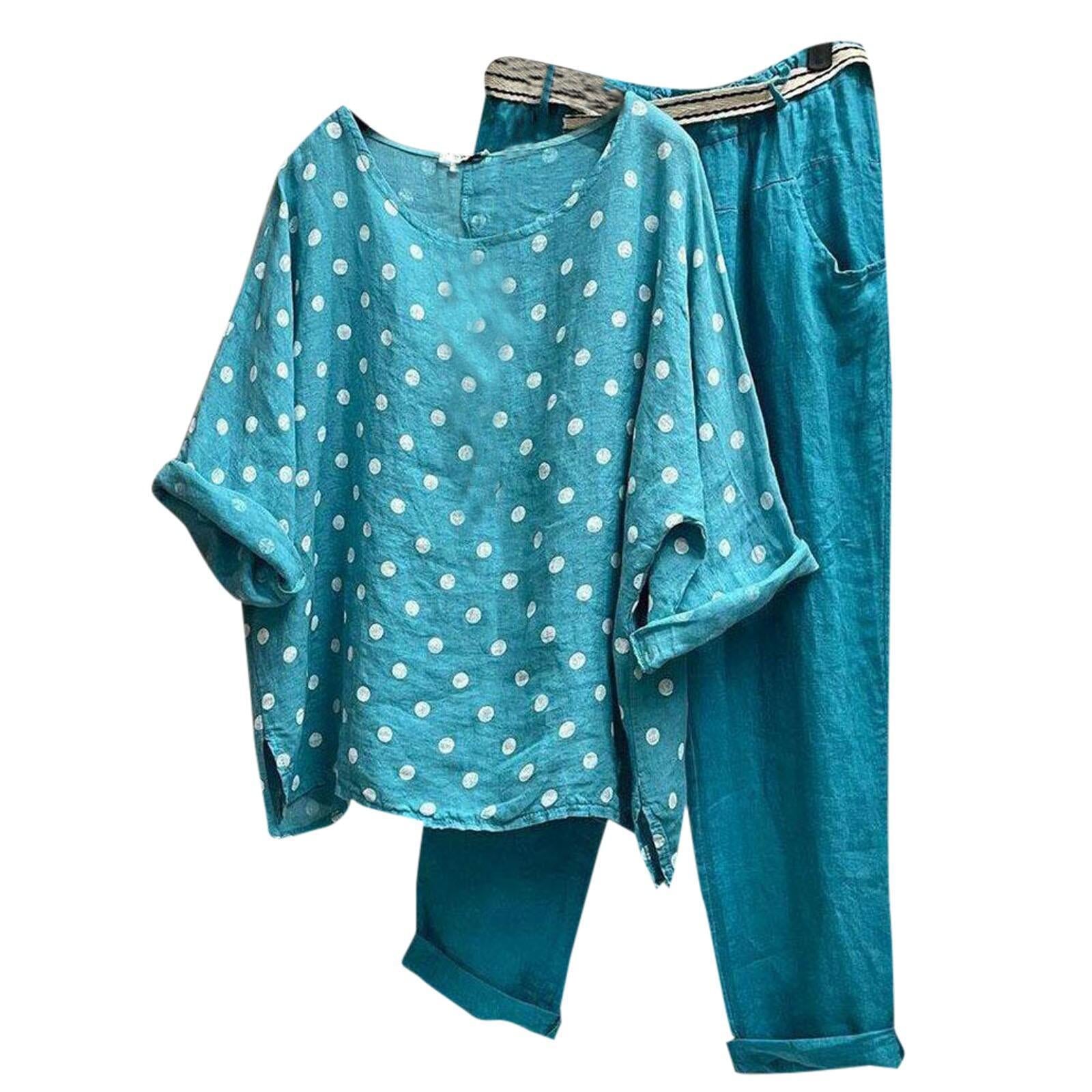 Damen Kombination aus leichten Rundhalsbluse mit Punkten und bequemen Hose R&B