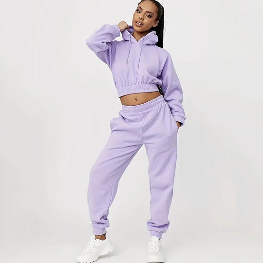Damen Sportliches Cropped Hoodie und lässige Jogginghose Set R&B
