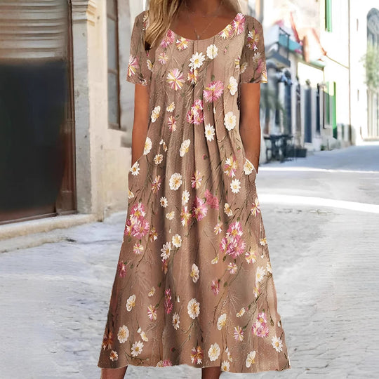 Damen nan Blumenswing-Midikleid mit Rundhalsausschnitt, Eingrifftaschen und strukturierter Crêpe-Qualität R&B