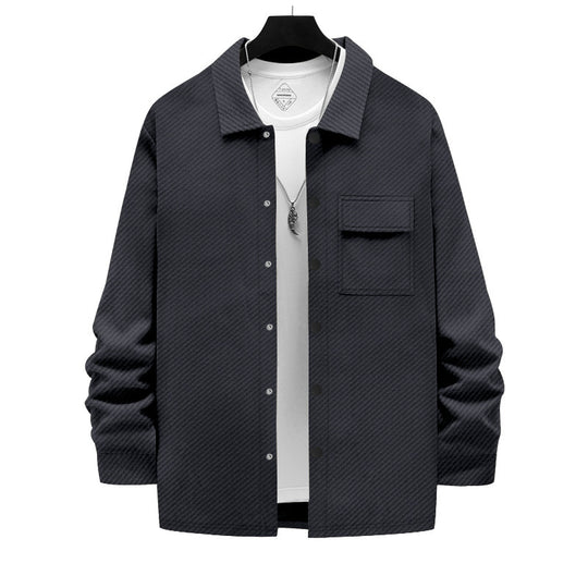 Herren nan strukturierte Overshirt-Jacke mit Kentkragen Druckknopfleiste und aufgesetzter Brusttasche R&B