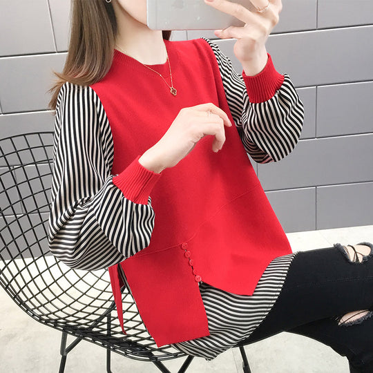 Damen Layered Sweatshirt mit gestreiften Ärmeln und Knopfdetails R&B