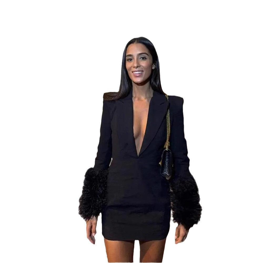 Damen Sexy Minikleid mit tiefem V-Ausschnitt und glamourösen Federärmeln R&B