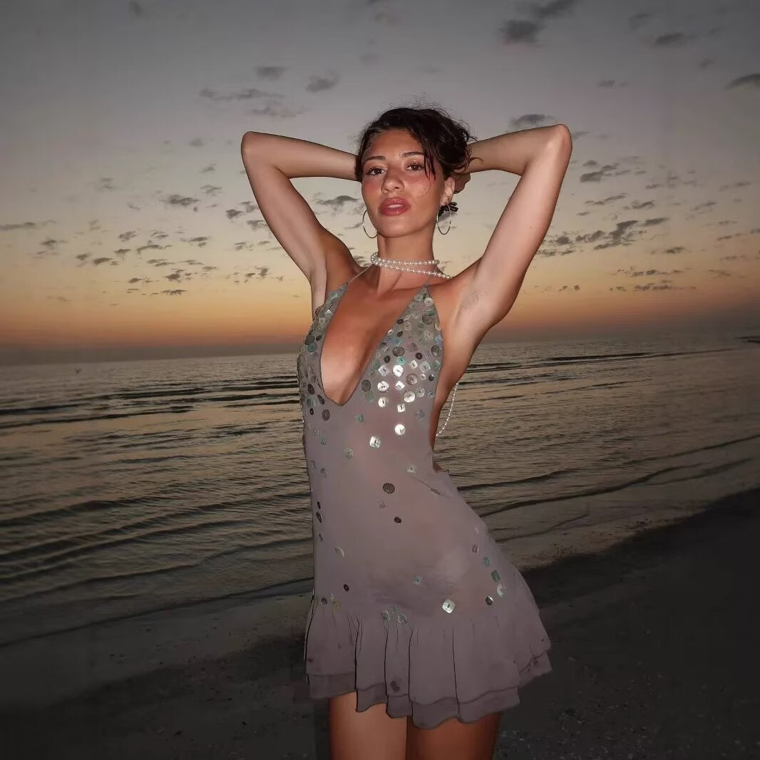 Damen Sommerkleid mit funkelnden Pailletten und voluminösem Saum R&B