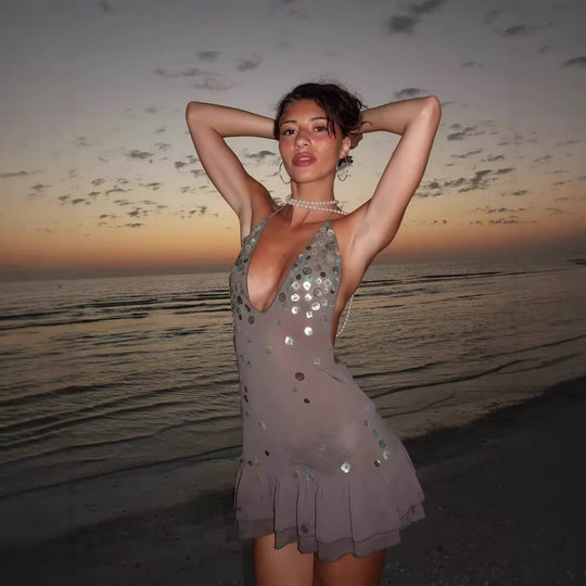 Damen Sommerkleid mit funkelnden Pailletten und voluminösem Saum R&B