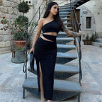 Damen asymmetrisches Maxikleid mit Rüschen und hohem Seitenschlitz R&B