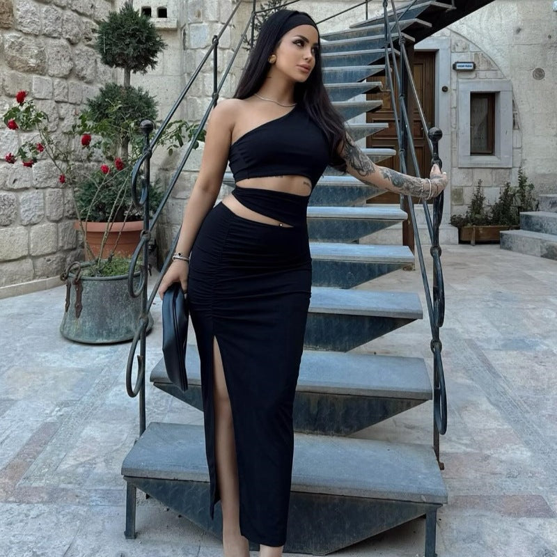 Damen asymmetrisches Maxikleid mit Rüschen und hohem Seitenschlitz R&B