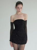 Damen Strapless Minikleid mit funkelnden Applikationen und transparenten Ärmeln R&B